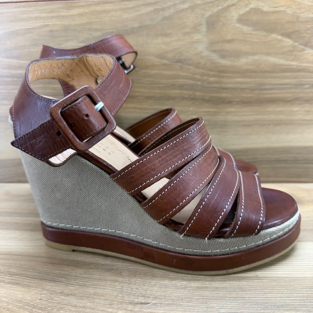 Robert Clergerie Wedge Sandals 6 Whiskey Leather Strappy Ankle Strap Platform‎